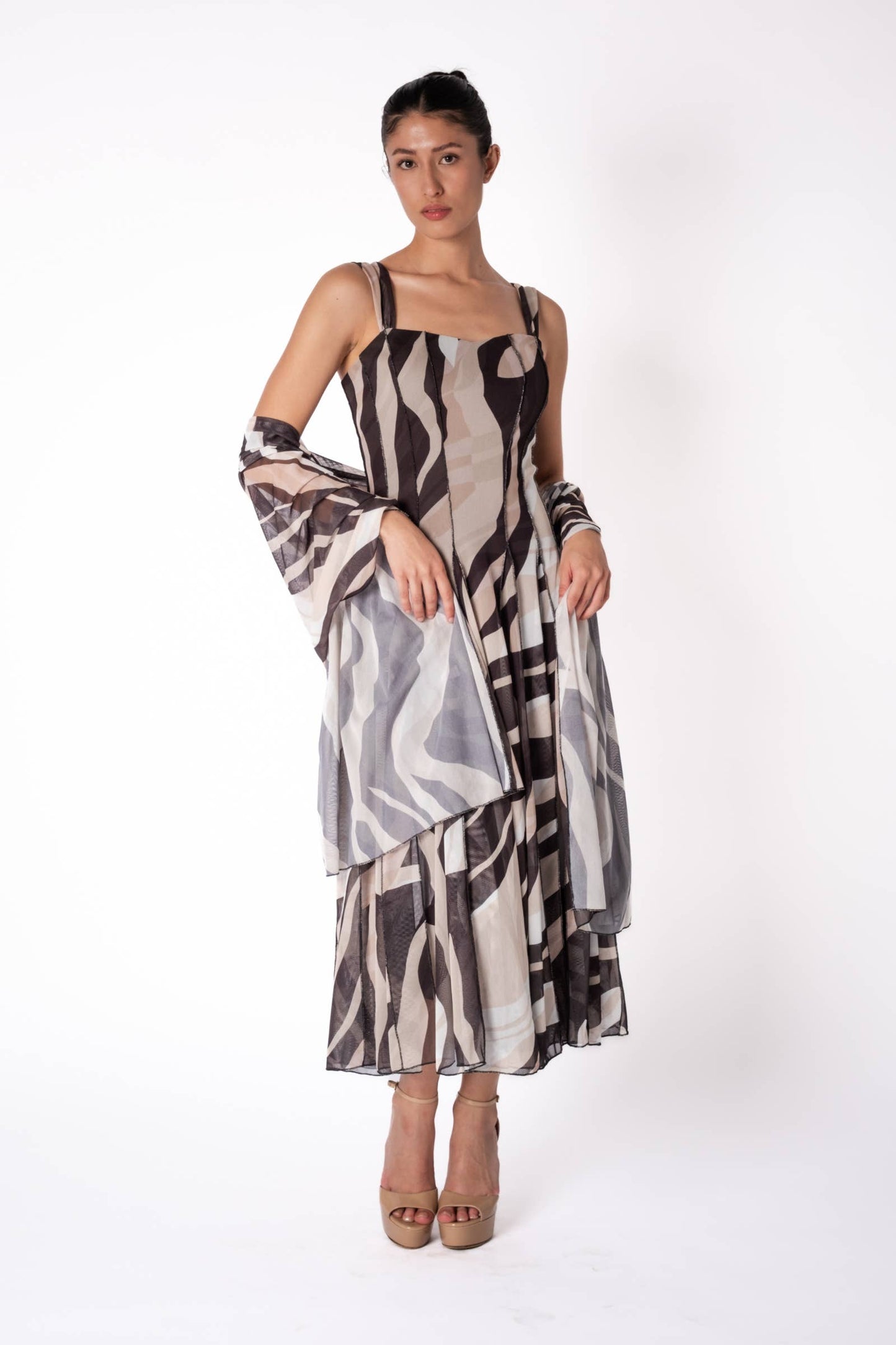 LISA Sleeveless Tea Length Fit N Flare Paneled Dress - Elana Kattan