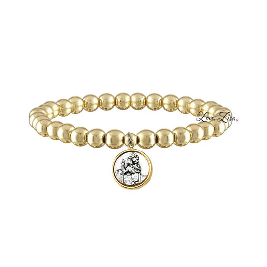 Catholic Medal Saint Stretch Bracelets  & Prayer Cards: Yellow Gold / St. Christopher