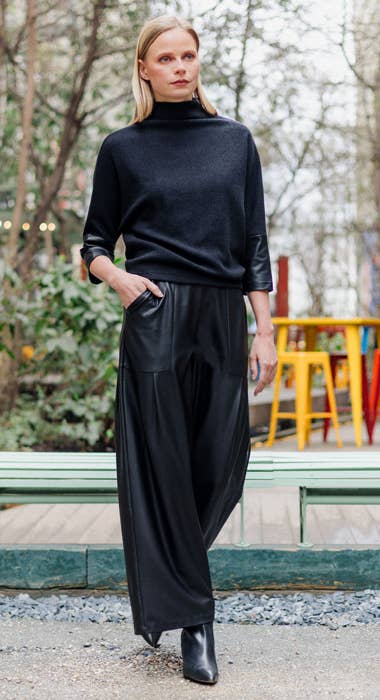 T223WLR - Plush Ribbed - Liquid Leather Cuff Sweater Top: Black / XL
