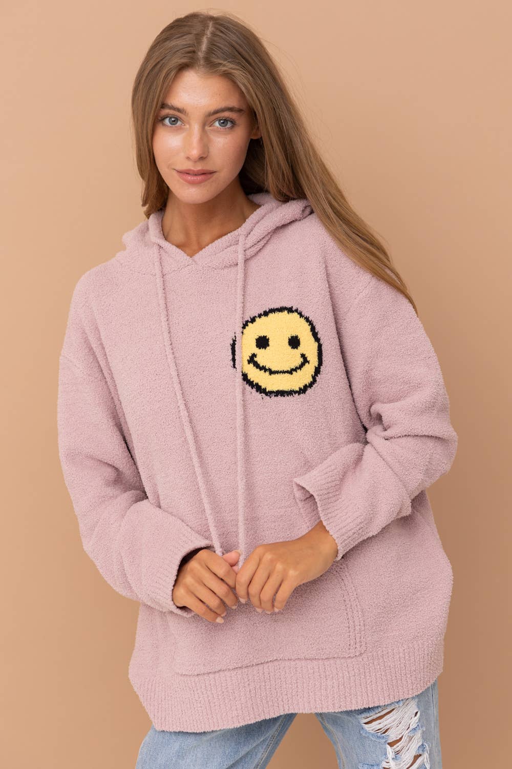 17376W - Fuzzy Cozy Hooded Smiley Sweater: DUSTY BLUE / M/L