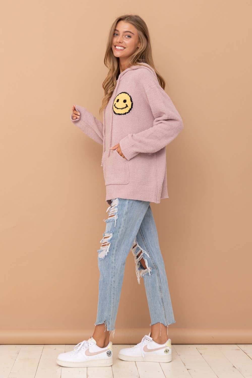 17376W - Fuzzy Cozy Hooded Smiley Sweater: DUSTY BLUE / S/M