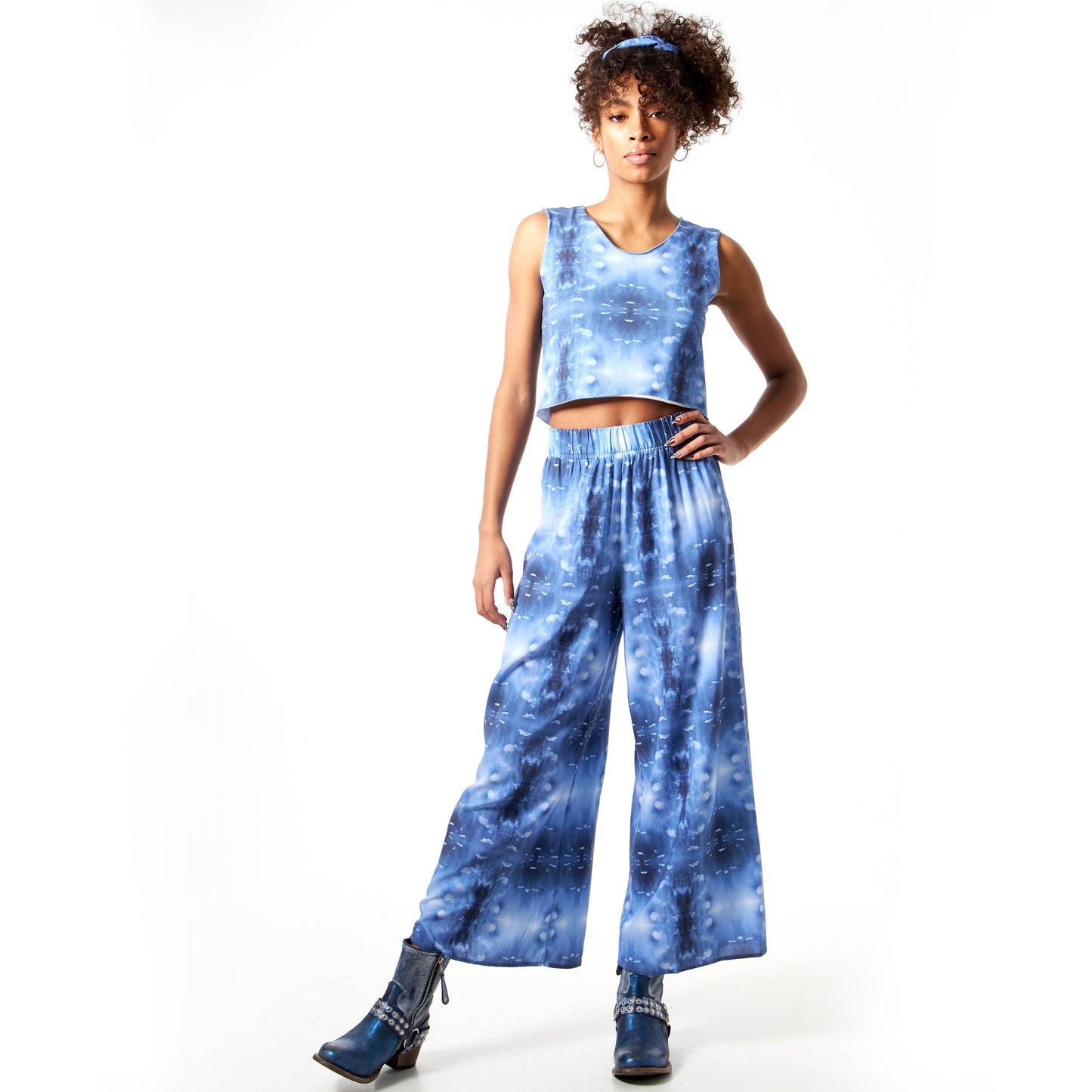 Babs Lightweight Wide Leg Pants - Blue Cloud Print: L