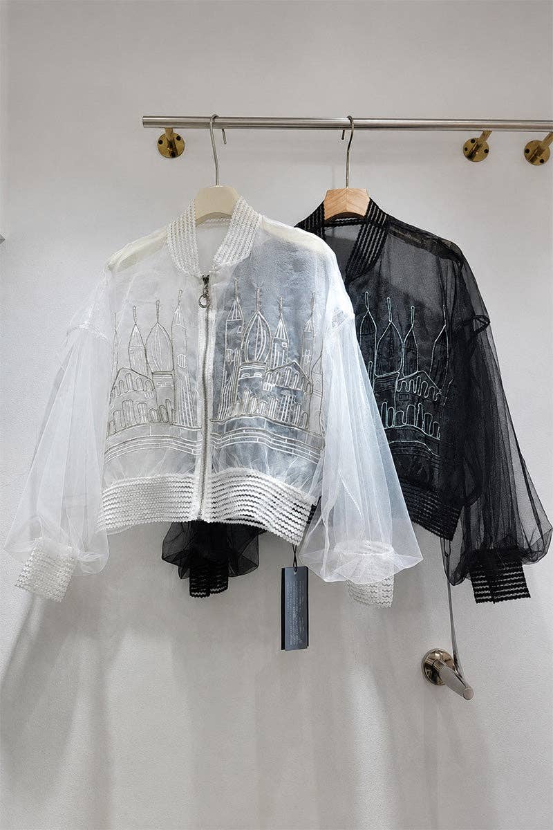 Sheer Castle Detail Bomber Jacket: WHITE / One Size