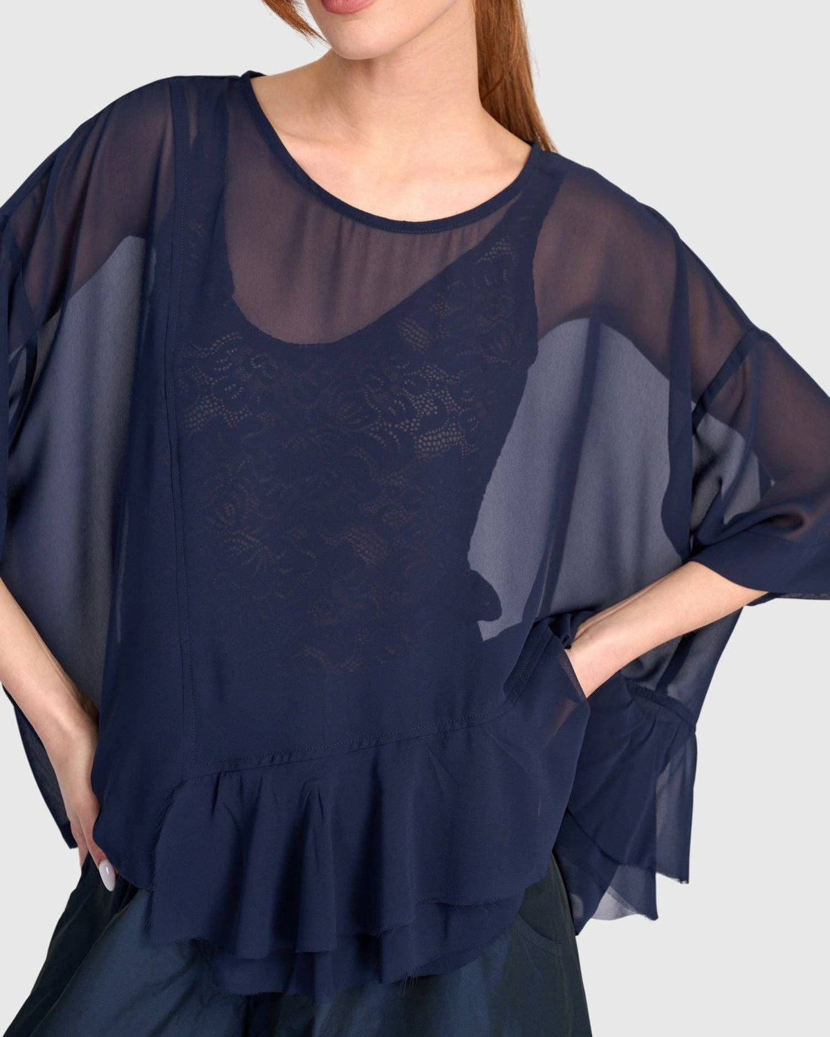 Veiled Chiffon Top, Ink: NAVY / M (US 12-14)