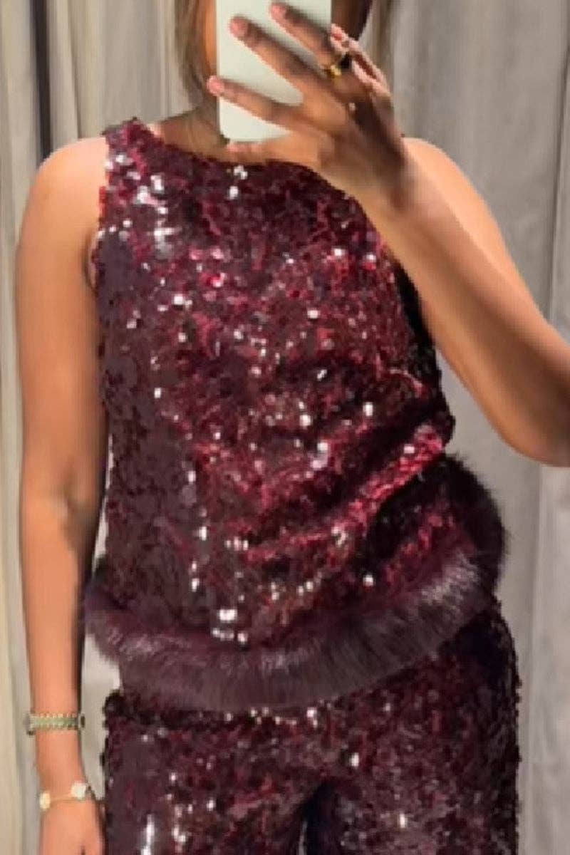 Sequin V-Neck Tank Top: RED / M