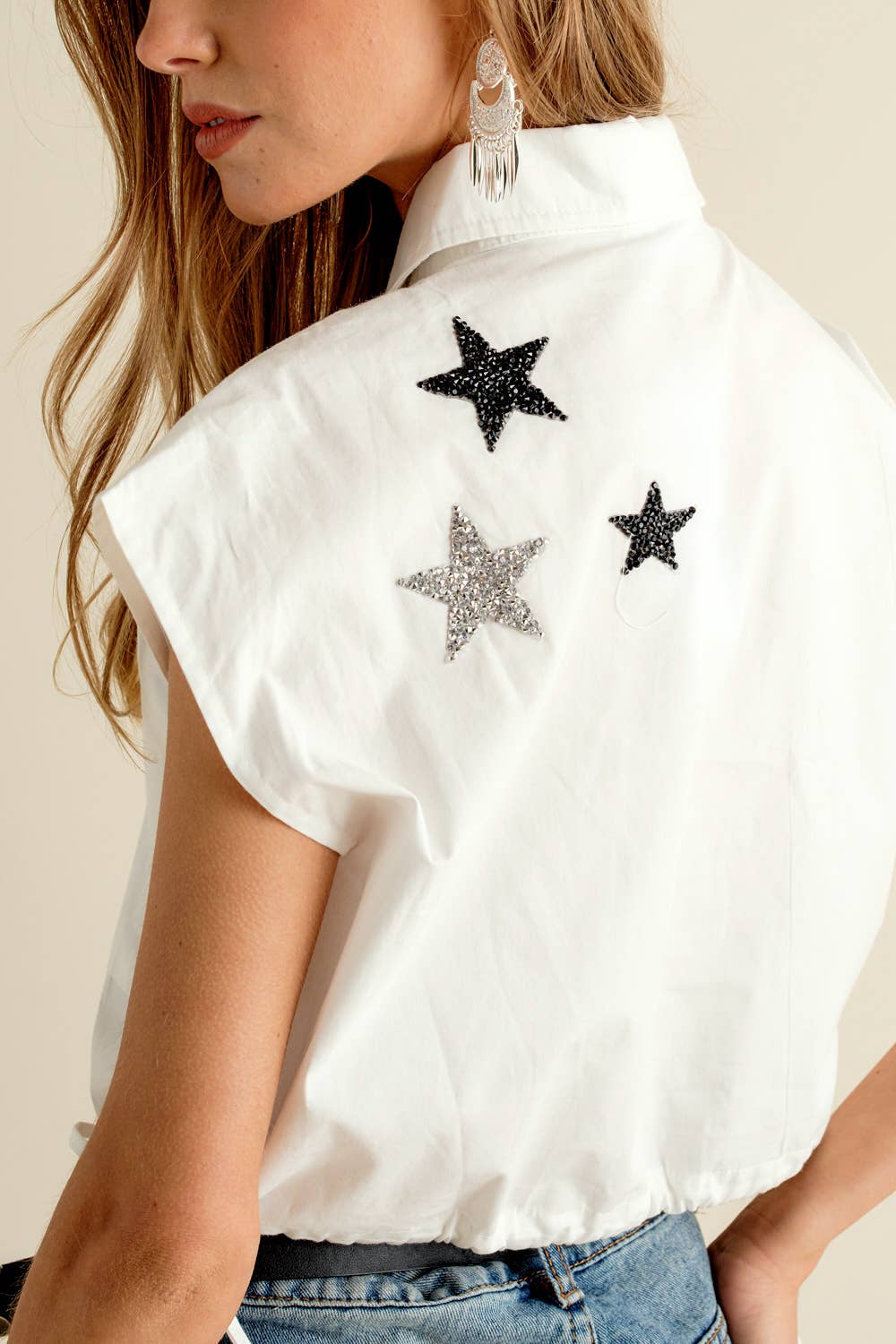 32579T - Poplin Star Patch Sleeveless Shirt: HOT PINK / M