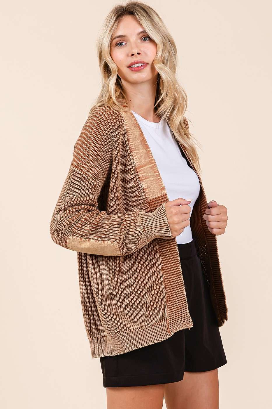 Mineral Wash Contrast Patch Open Front Cardigan S20805