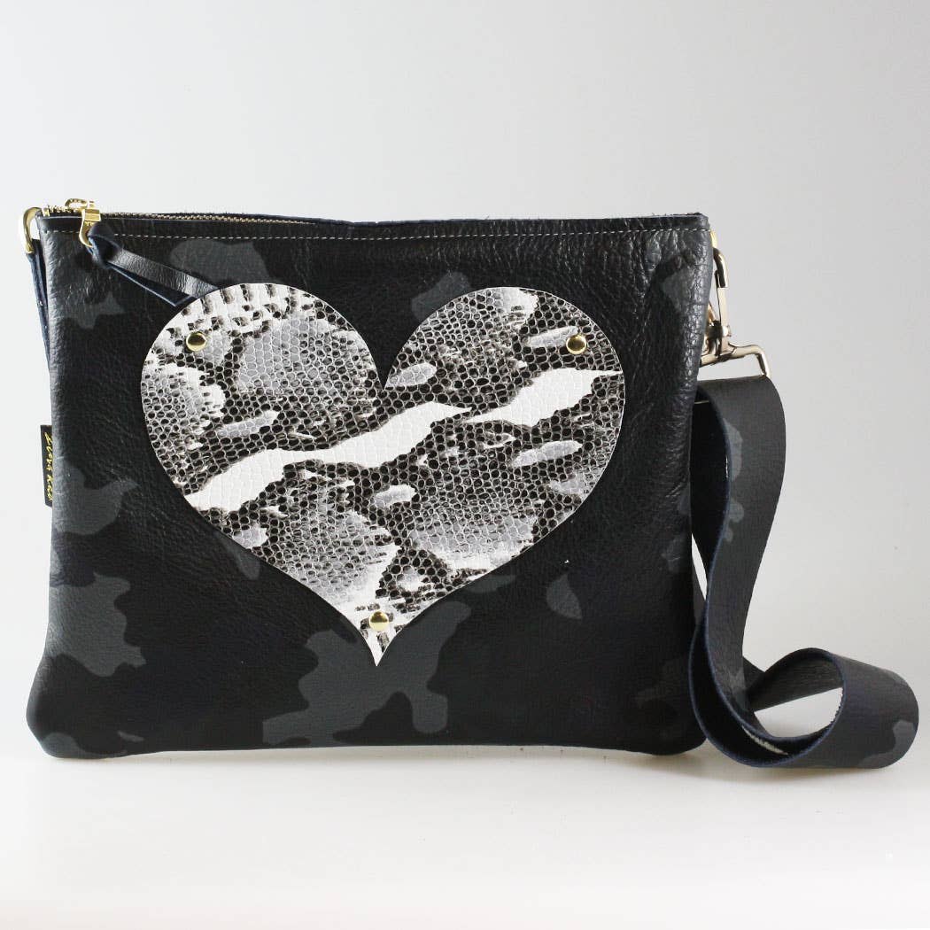 The Applique Taylor Crossbody Bag: Gunmetal w/Platinum Heart / Unlined / 11"x9.5"