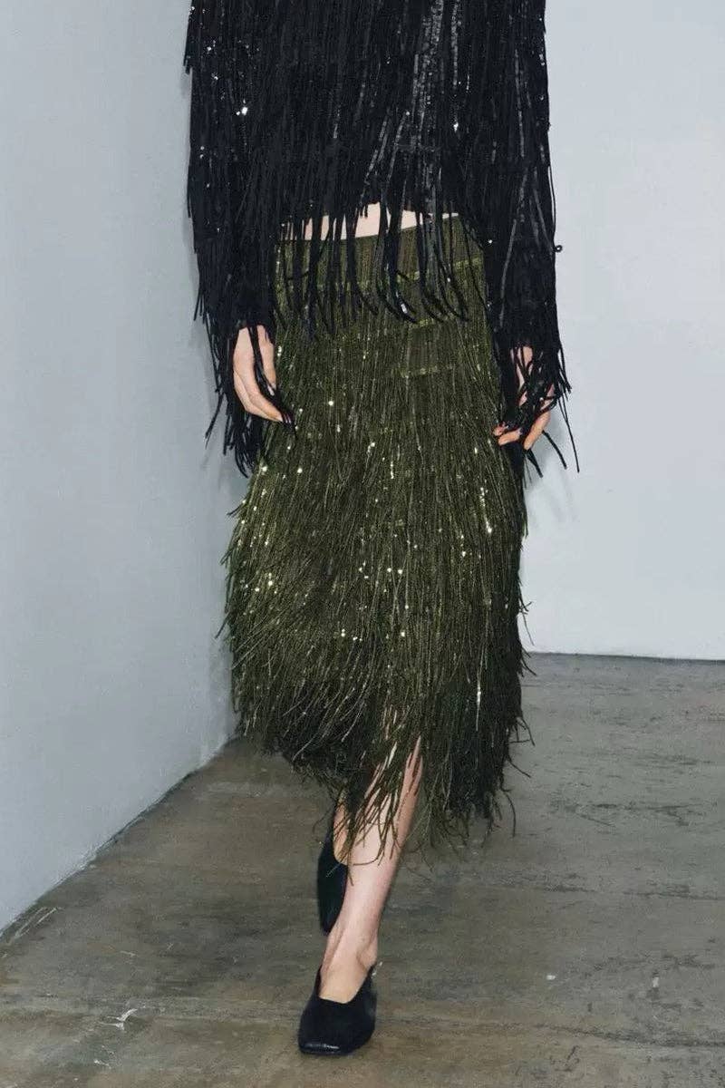 Fringe Maxi Skirt: GREEN / M
