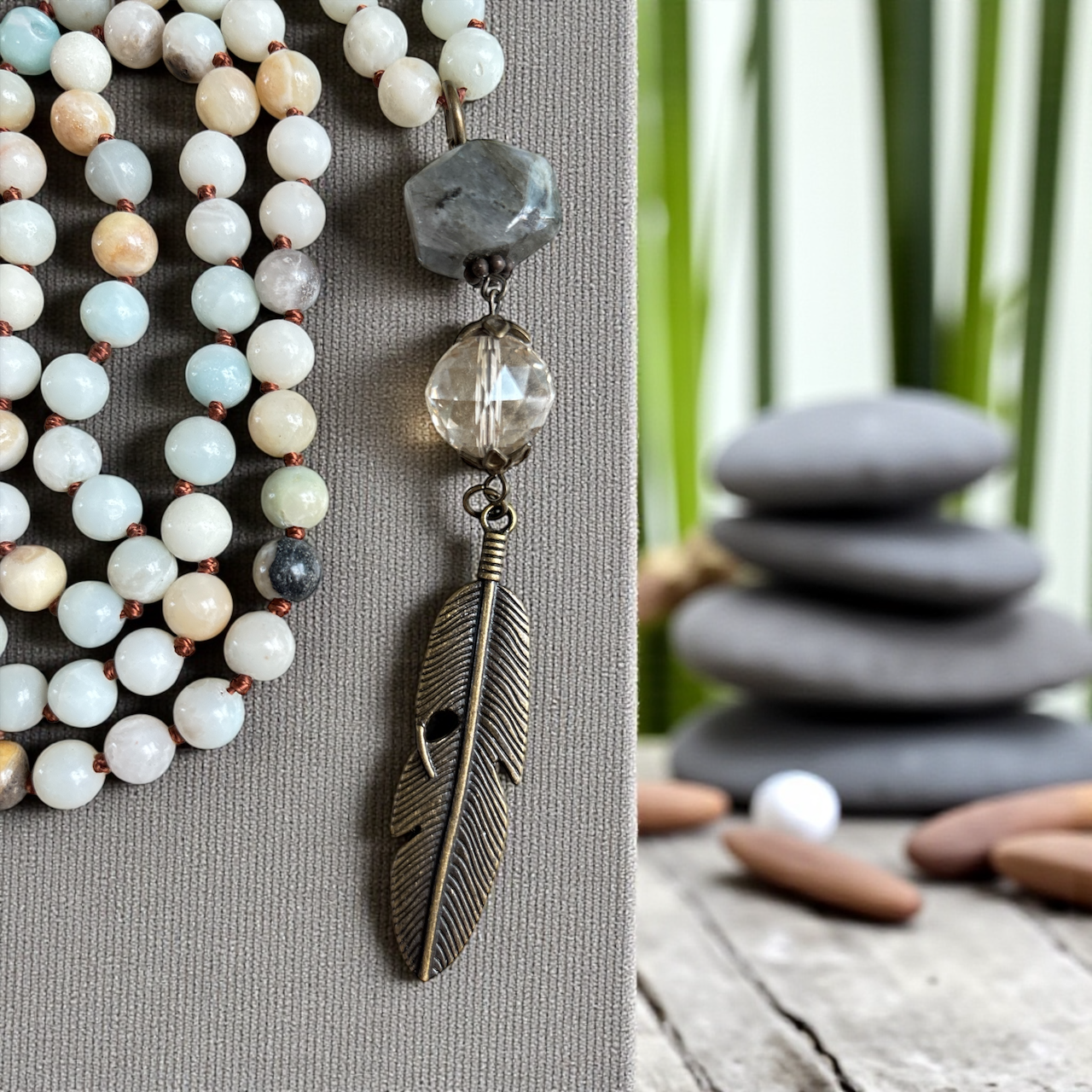 Amazonite Necklace with Grey & Feather Pendant