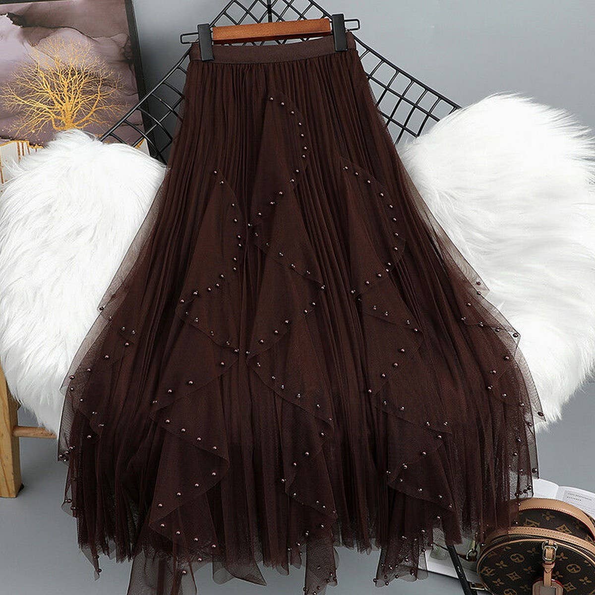 BEADED MESH PLEATED SKIRT A LINE TULLE SKIRT_CWBLS0398: GREY / (OS) 1