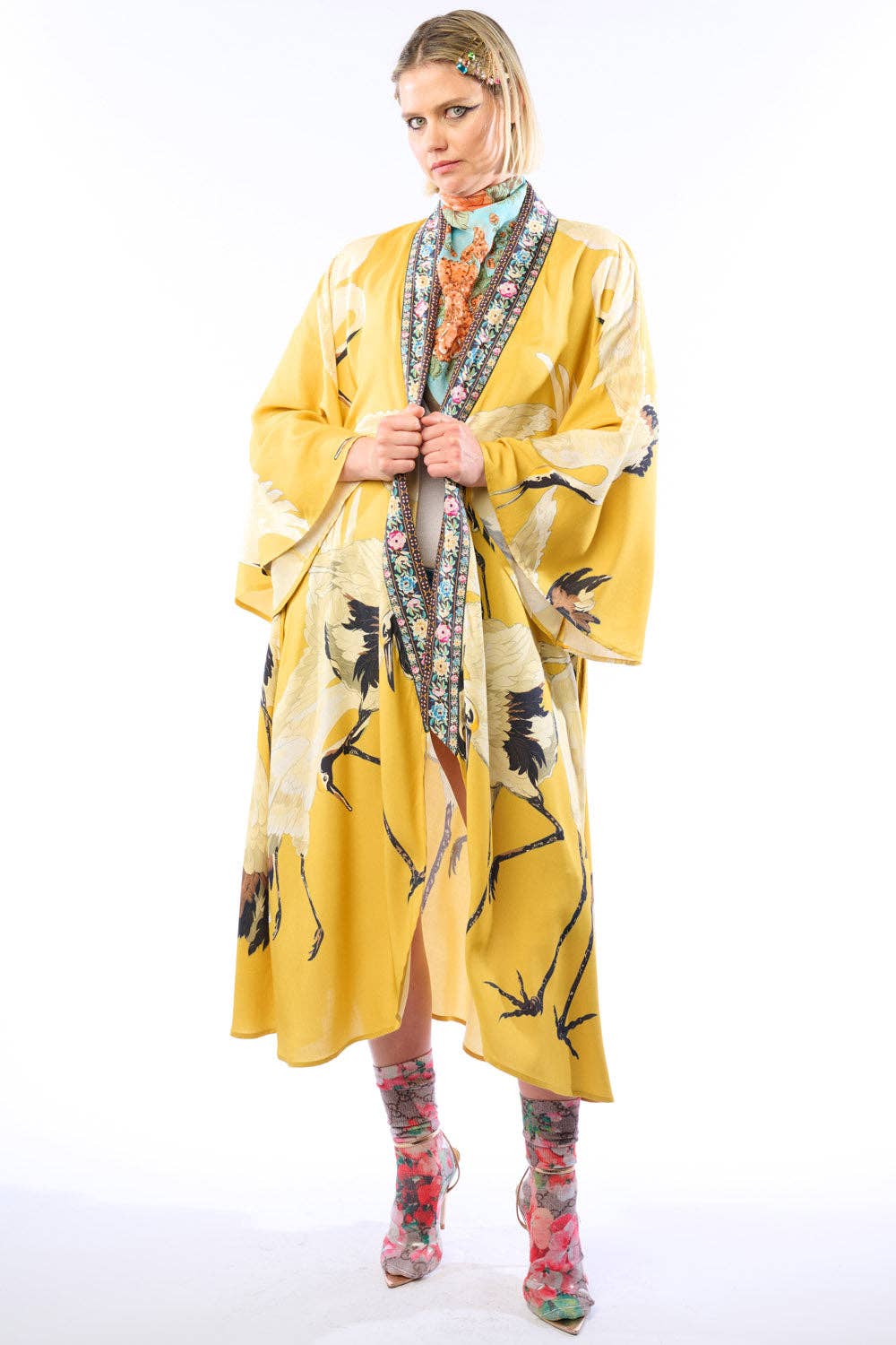 Story of the Crane Kimono - Mustard | Bohemian Coverup Robe: Mustard / One size