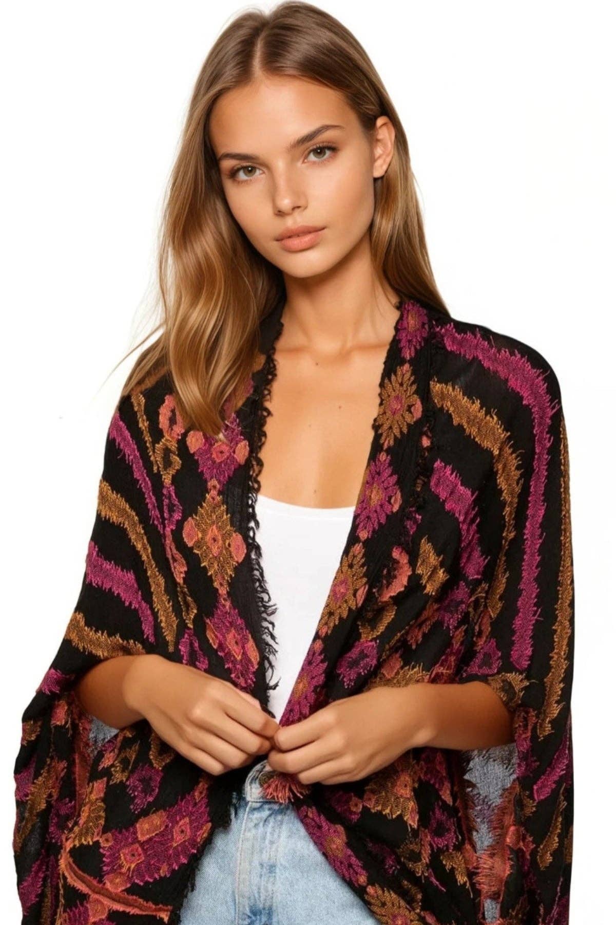 Oversized Kimono Shrug Coverup in Menagerie Stripe Jacquard Fabric: Dusk / One Size