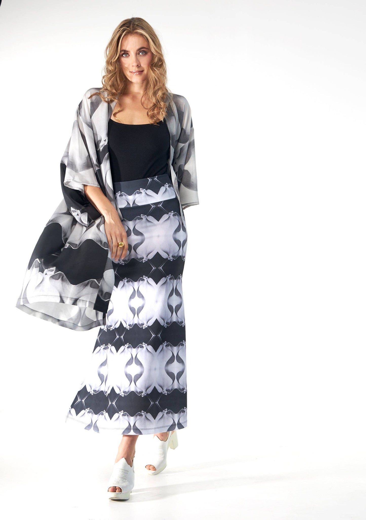 Babs Body-Hugging Midi Skirt - Black/White Stone Man Print Design: B/W Gaudi / Large / Stone Man (Gaudi)