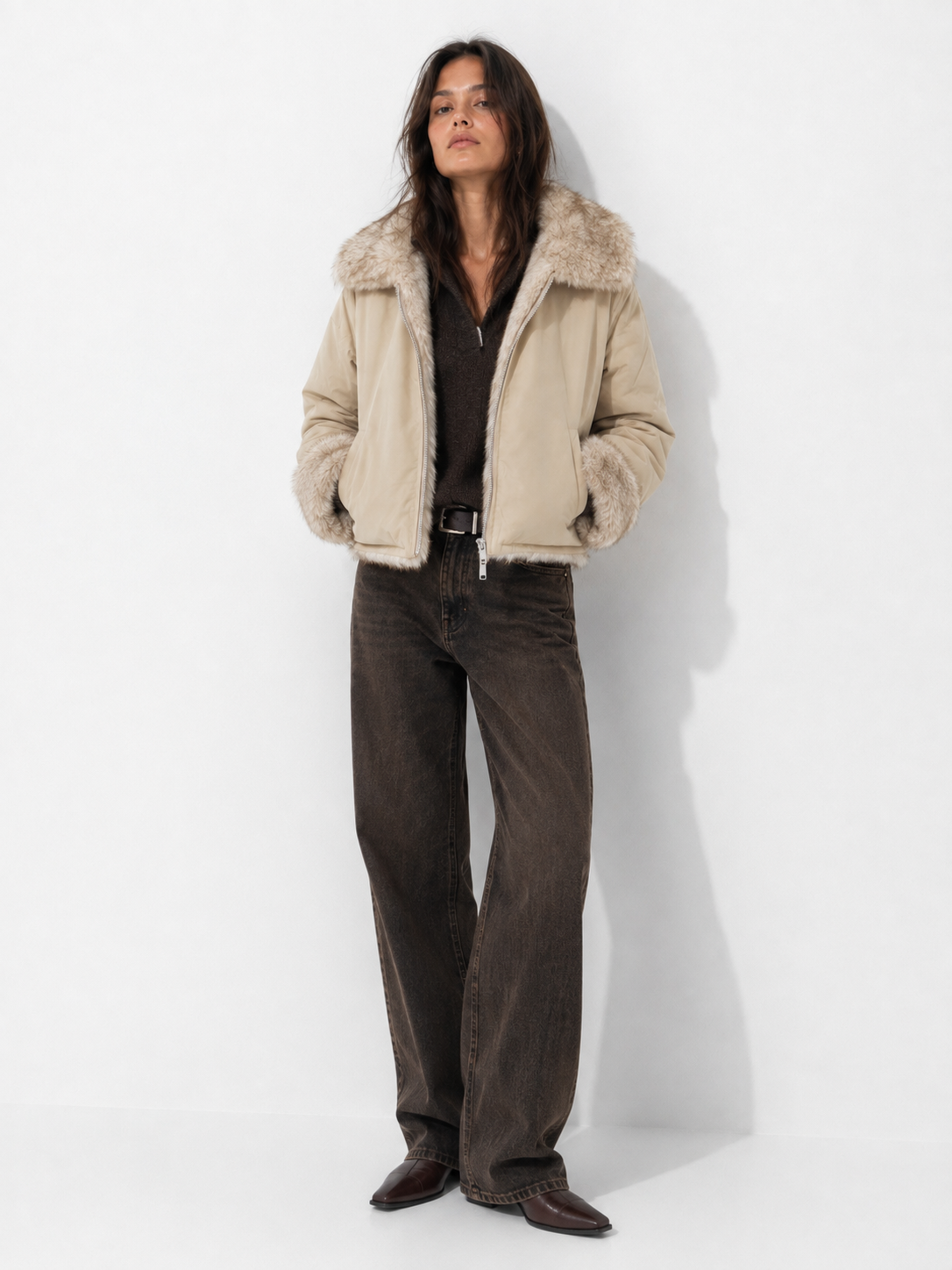 Dumbo Reversible Faux Fur & Leather Bomber Jacket Fur Jacket: Beige/Gray / L/XL