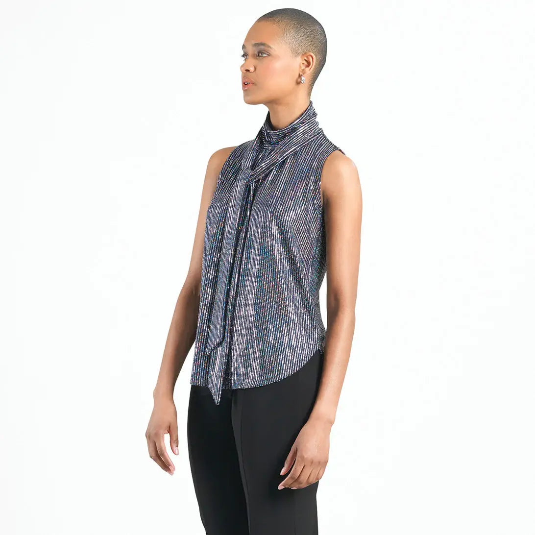 T245S - Shimmer Sequin - Mock Neck-Tie Detail Top: Black/Silver / L