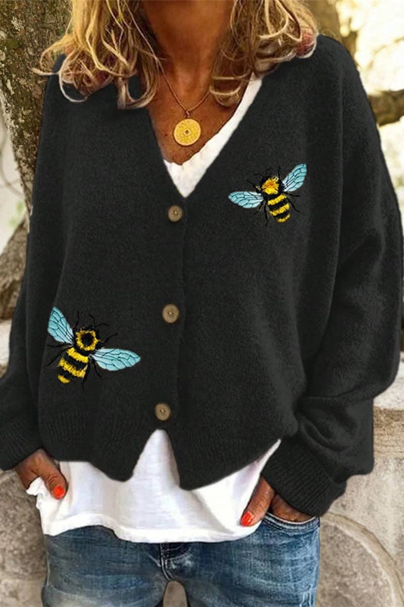 Bee Embellished Button-Up Cardigan: YELLOW / S