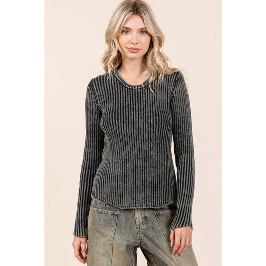 Mineral Wash Fitted Long Sleeve Rib Knit Sweater S20772