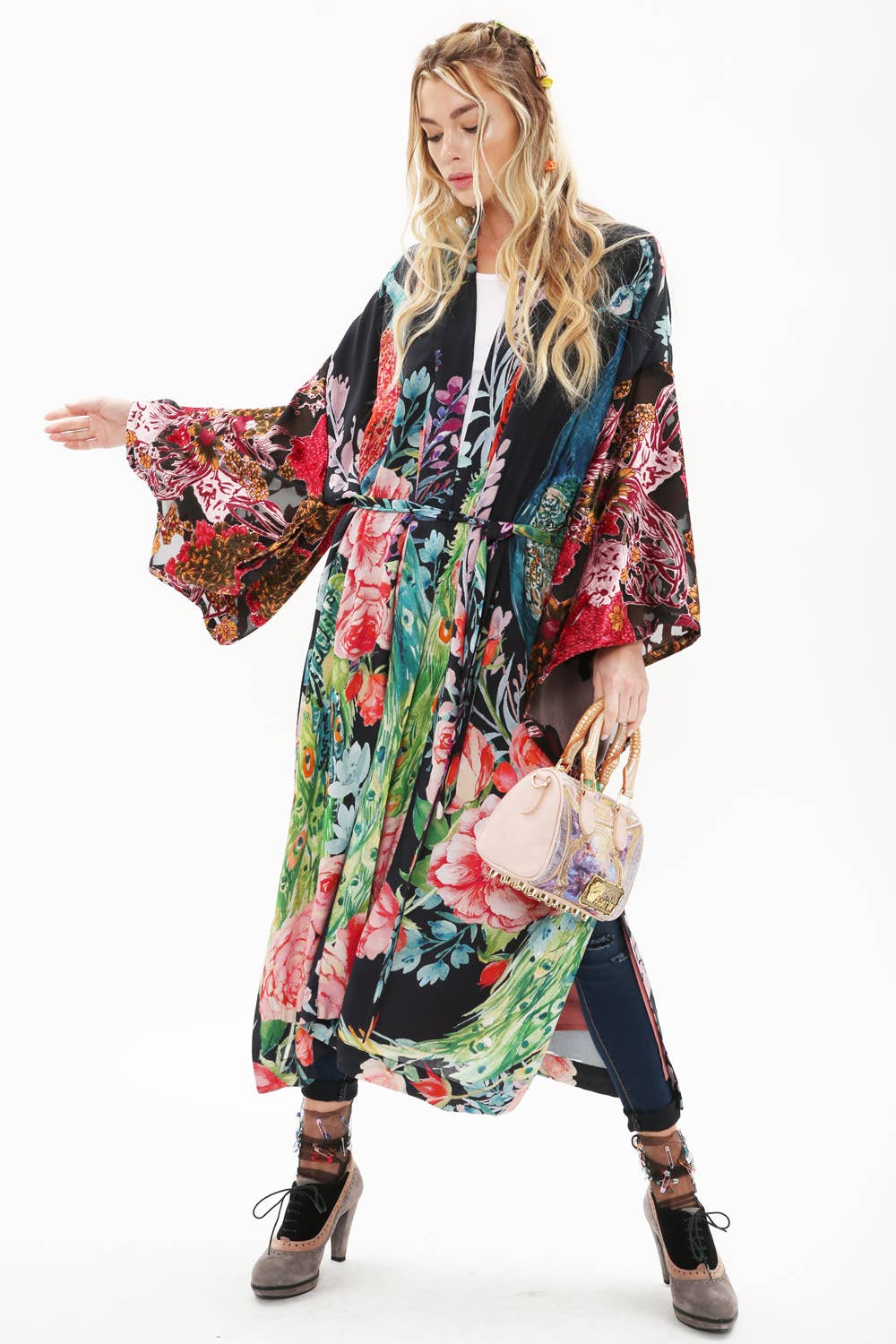 Sweet Fantasy Kimono | Peacock Floral Print | Women's Kimono: Night Peacock Print / One Size