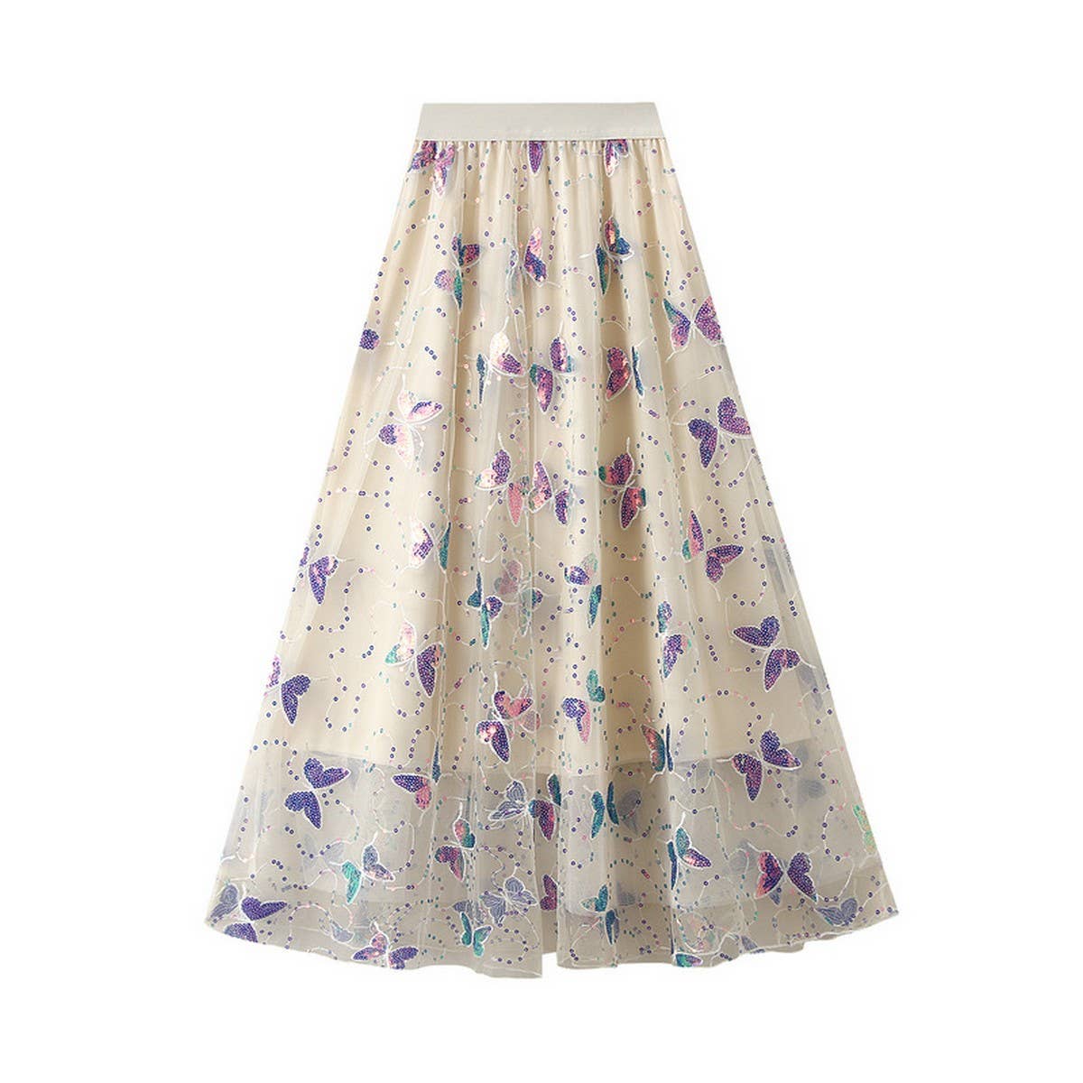 Sequin Butterfly Tulle Midi Skirt_CWBMS0336: Black / (OS) 1