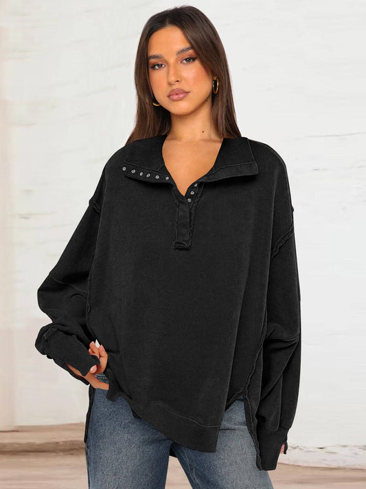 Trendy Casual Polo Neck Sweatshirt with Lantern Sleeves: E24W0340-006 / S