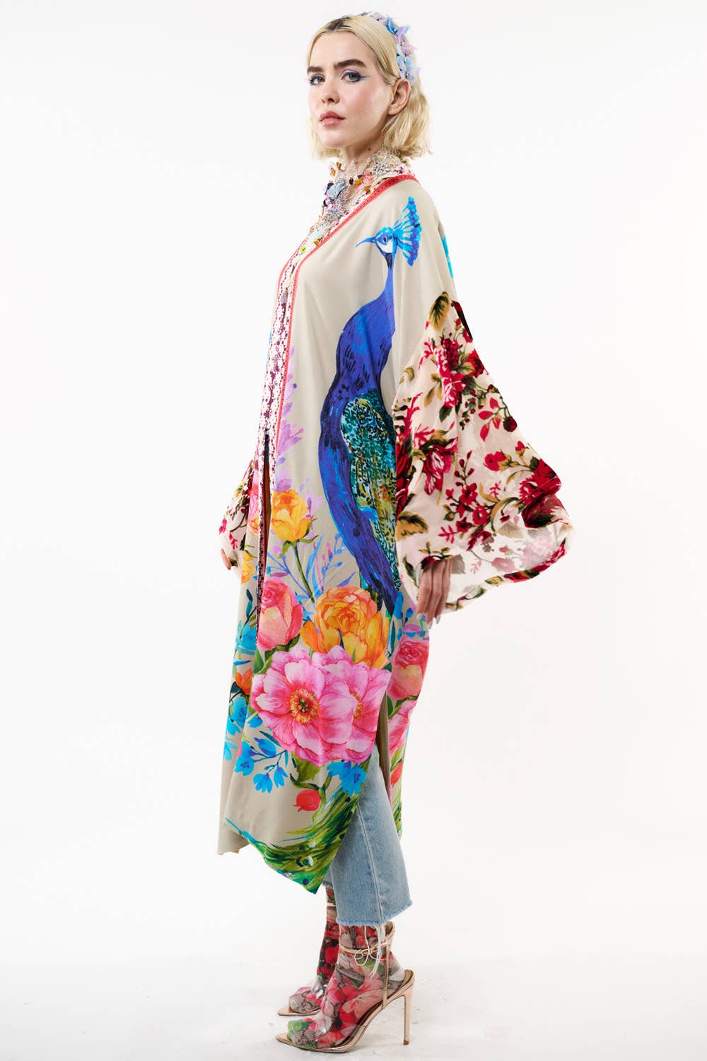 Fantasy Kimono - Beige |Peacock Mesh Sleeve Romantic Robe: Soft Moon / One Size