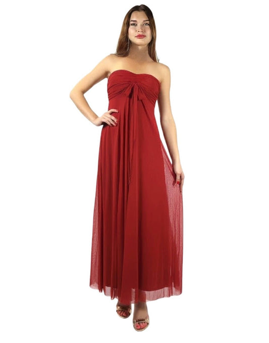 MAXIMA Long Strapless Flared Empire Mesh Print Dress Scarlet - Elana Kattan