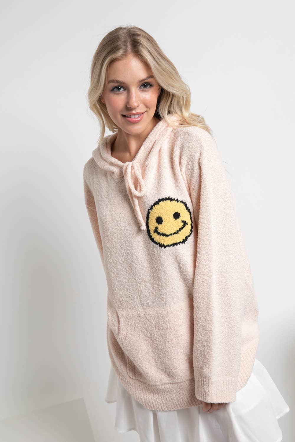 17376W - Fuzzy Cozy Hooded Smiley Sweater: DUSTY BLUE / M/L