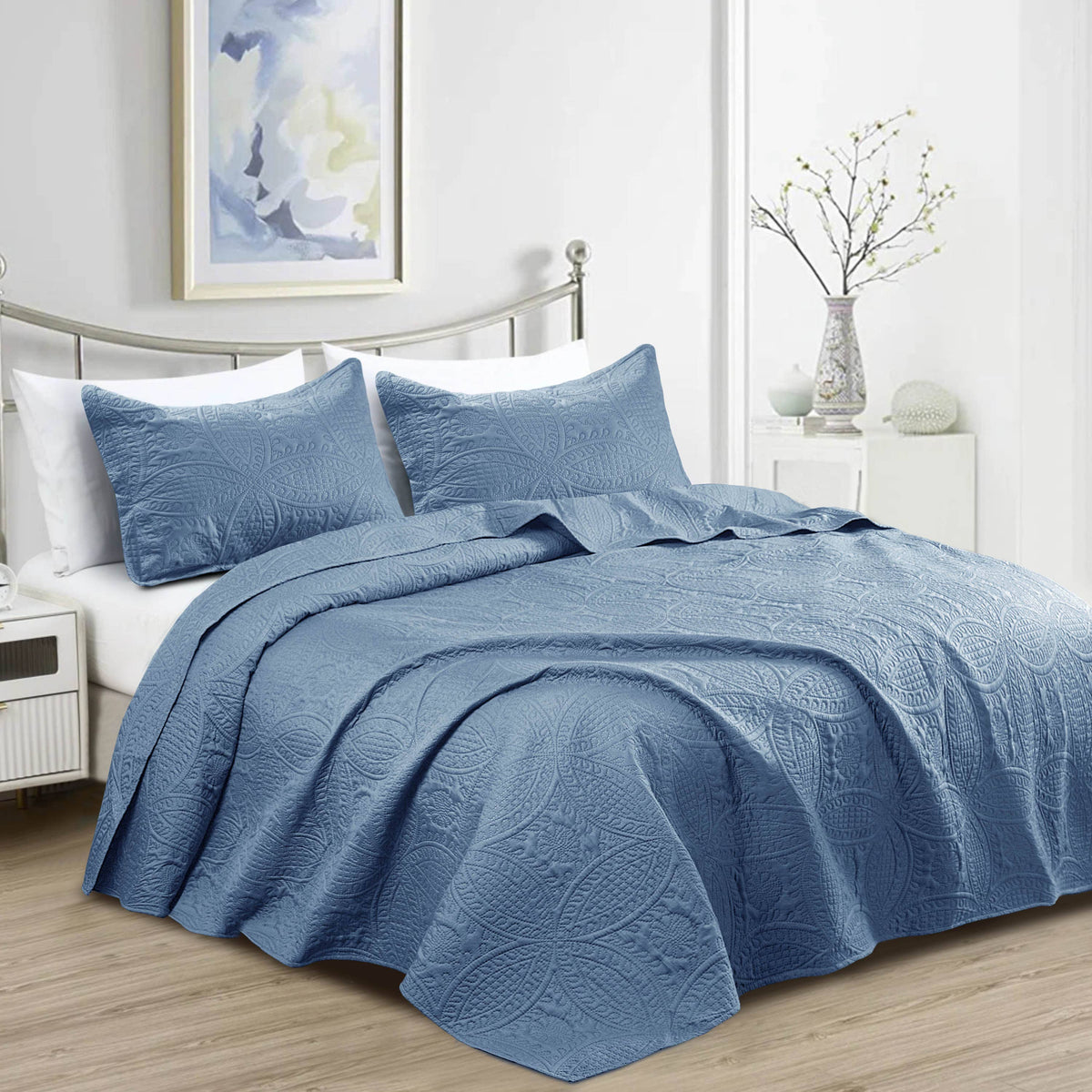 Quilted Bedspread 3 Pc Coverlet Bedding Quilt Set All Season: Full/Queen / Beige