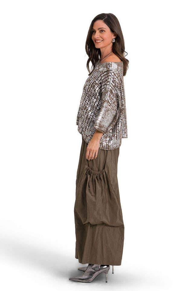Cotton Metallic Crochet Boatneck Sweater - Turtle/Silver