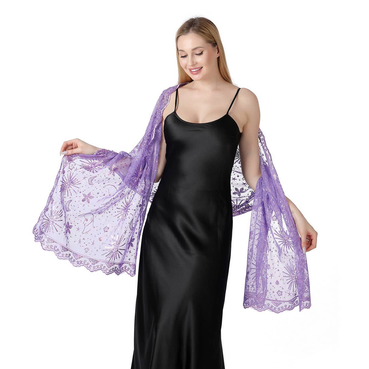 STARS AND MOON EMBROIDERED SHAWL_CWASC1079: BLACK3 / (OS) 1