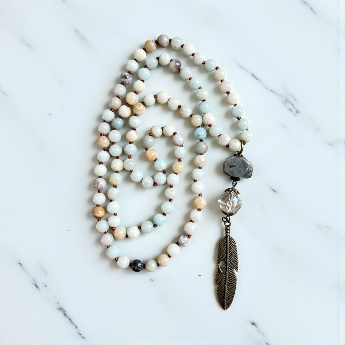 Amazonite Necklace with Grey & Feather Pendant