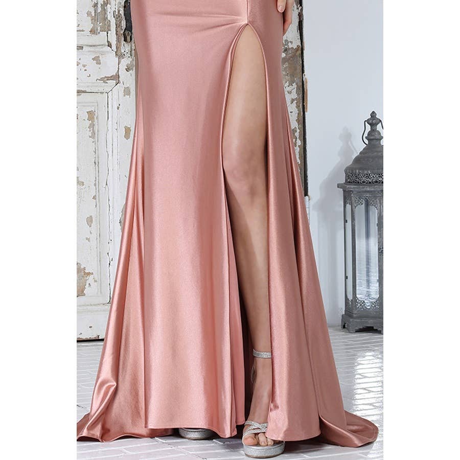 Embroidered Illusion Corset Satin Gown: Champagne / 8