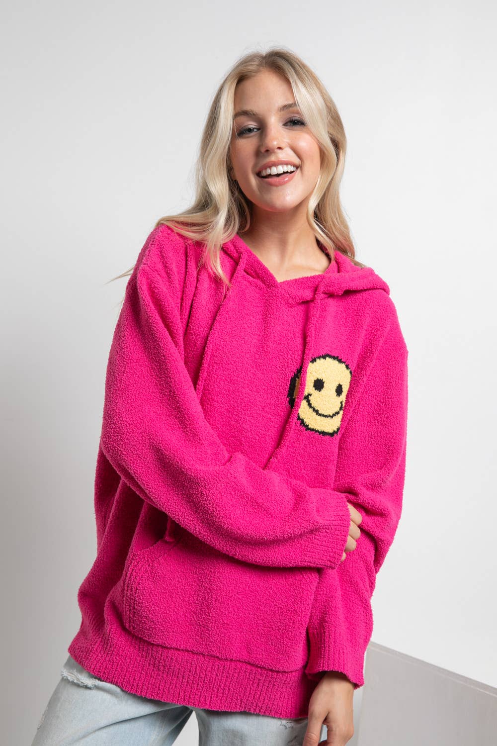 17376W - Fuzzy Cozy Hooded Smiley Sweater: DUSTY BLUE / M/L