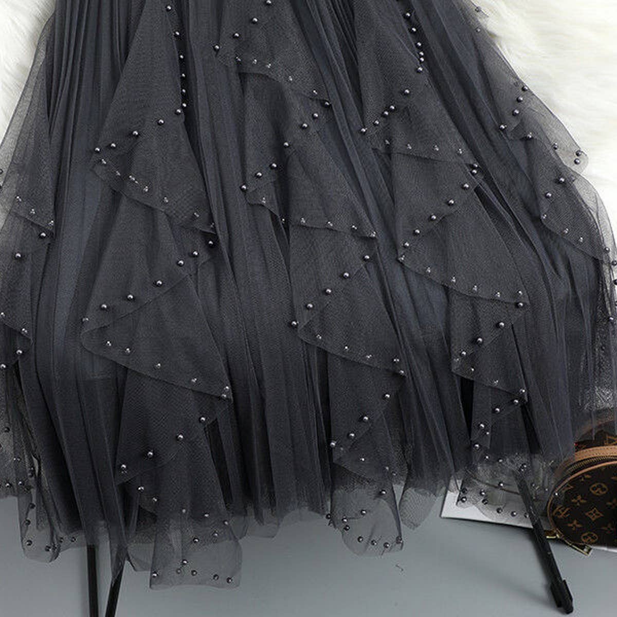 BEADED MESH PLEATED SKIRT A LINE TULLE SKIRT_CWBLS0398: GREY / (OS) 1