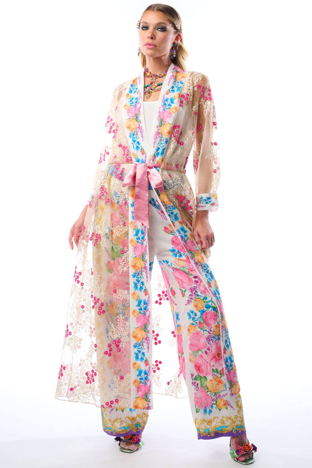 Blossom Duster | Beaded Floral Mesh Coat Robe Coverup: White/Fuchsia/Tea Mesh Combo / M
