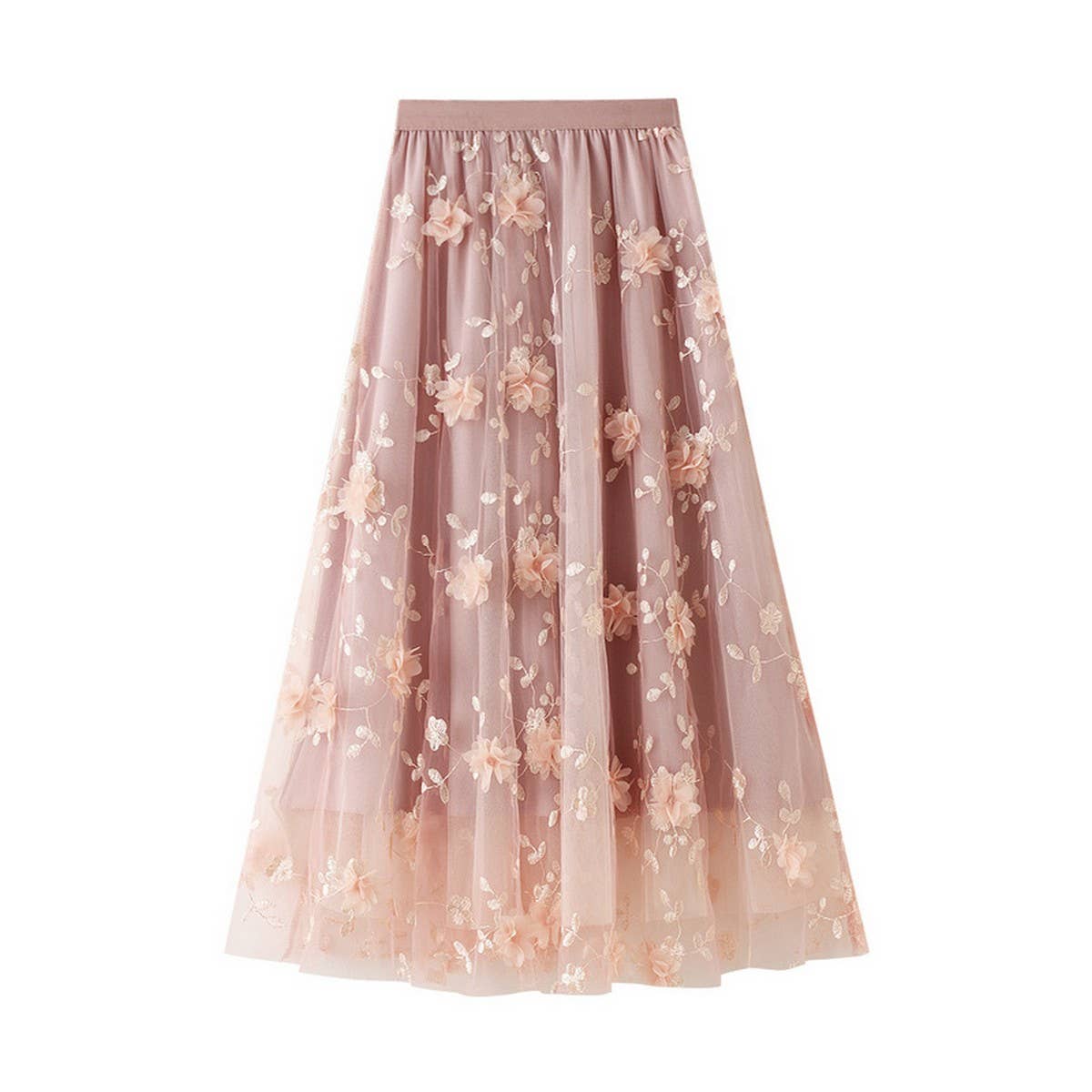 Embroidered Tulle A-Line Maxi Skirt Plus Size_CWBMS0370: Black / (OS) 1