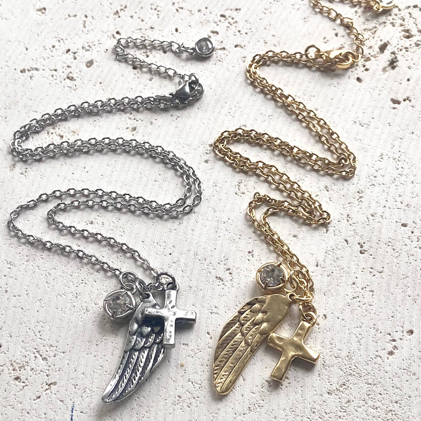 Angel wing cross crystal cluster necklace handmade jewelry : Gold