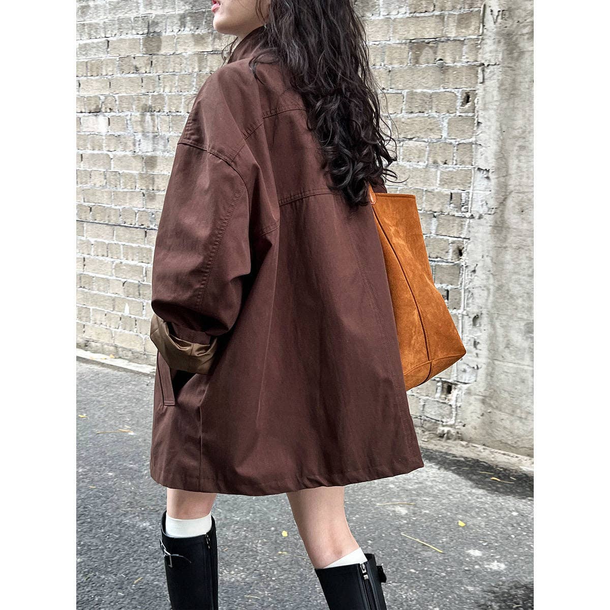 Solid Color Loose Fit Stand Collar Trench Coat: Coffee Color / M