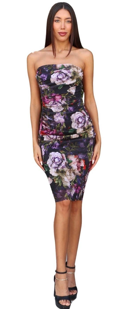 Marguerite Strapless Ruched Knee Length Floral Dress: XS