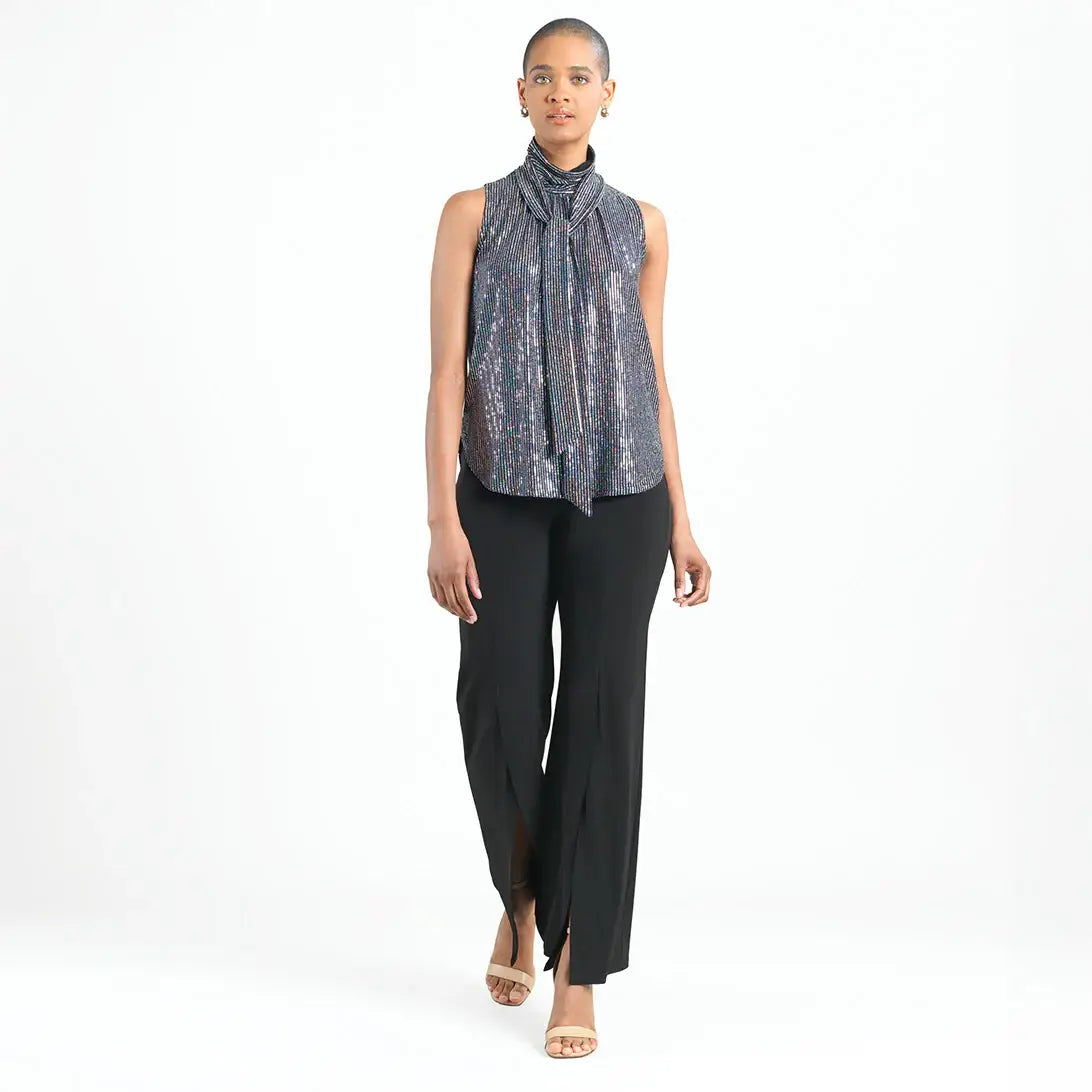 T245S - Shimmer Sequin - Mock Neck-Tie Detail Top: Black/Silver / L
