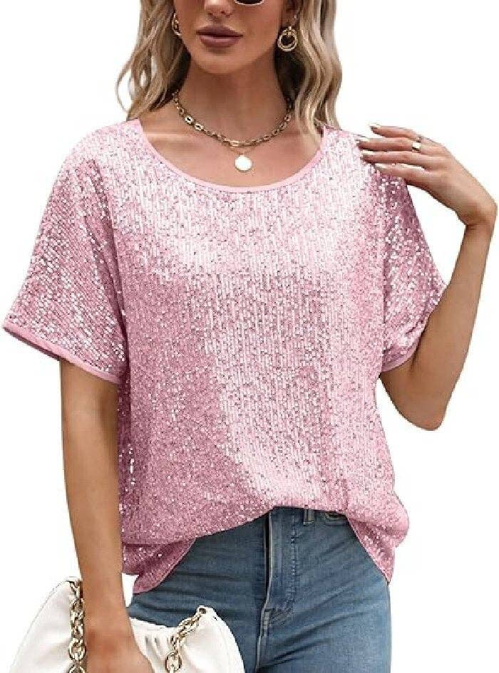 Sequin Deep V-Neck Short Sleeve Top: Black / L
