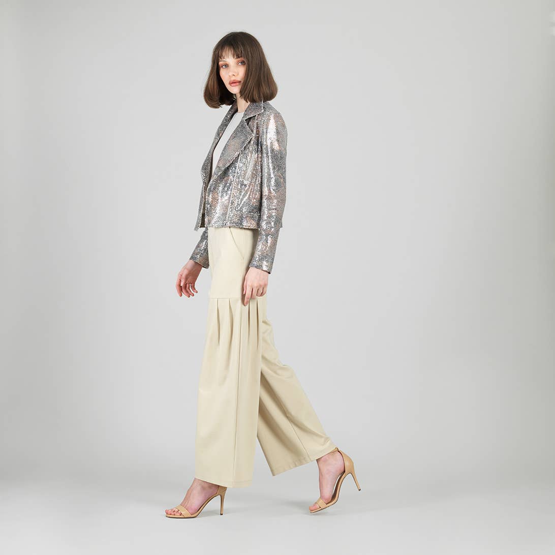 JK427S - Sequin Knit - Moto Waist Jacket: Champagne / XS