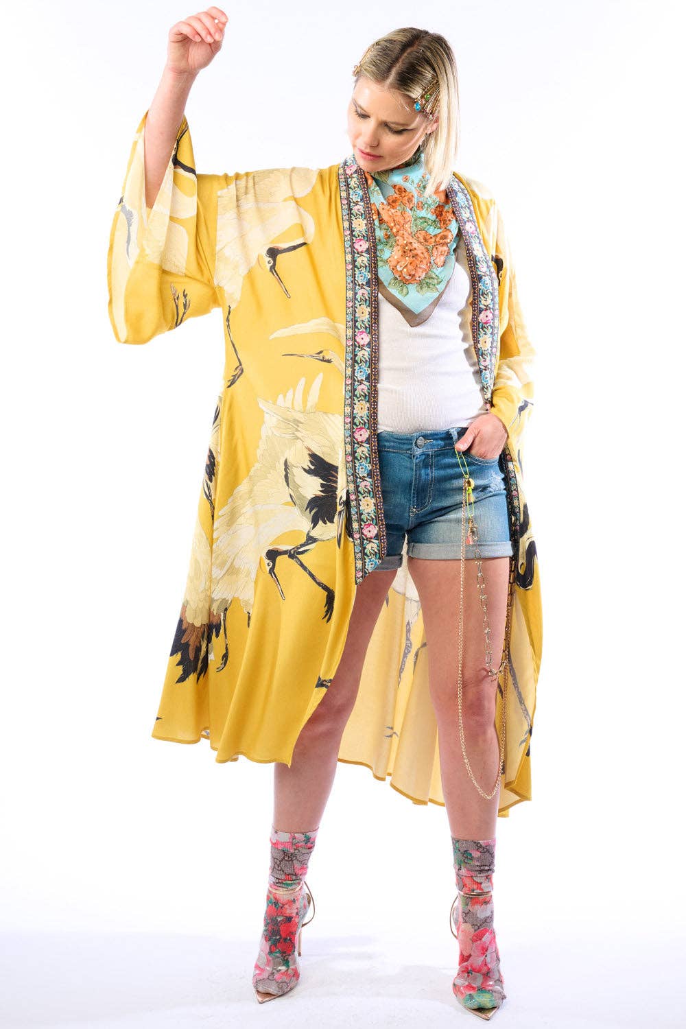 Story of the Crane Kimono - Mustard | Bohemian Coverup Robe: Mustard / One size