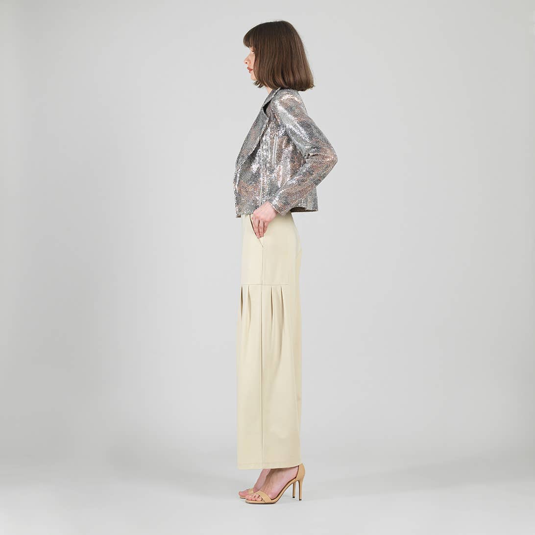 JK427S - Sequin Knit - Moto Waist Jacket: Champagne / XS