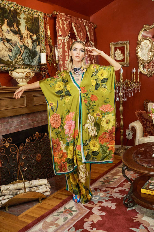 French Riviera Hand-Beaded Kimono: One Size / Olive Floral