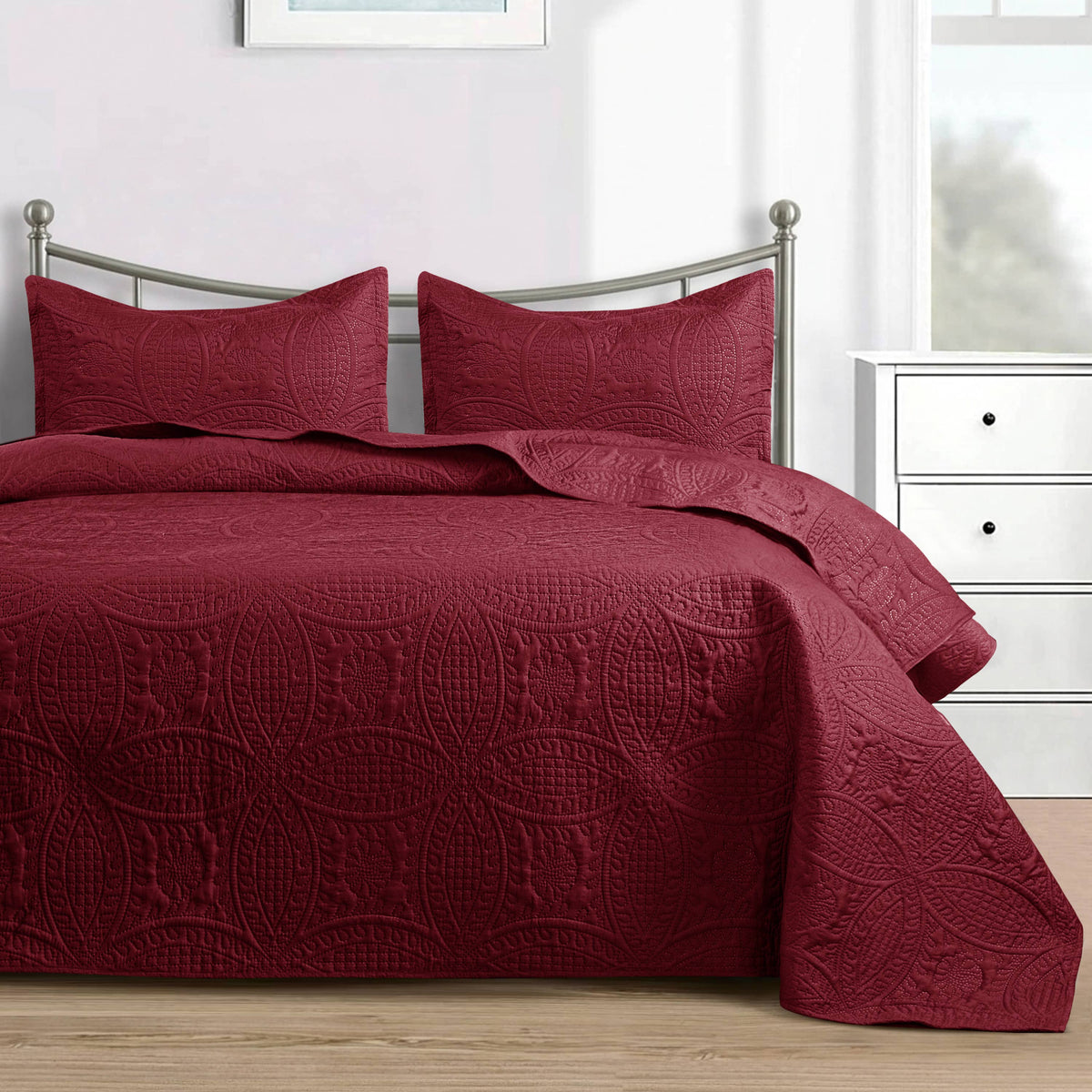 Quilted Bedspread 3 Pc Coverlet Bedding Quilt Set All Season: Full/Queen / Grey