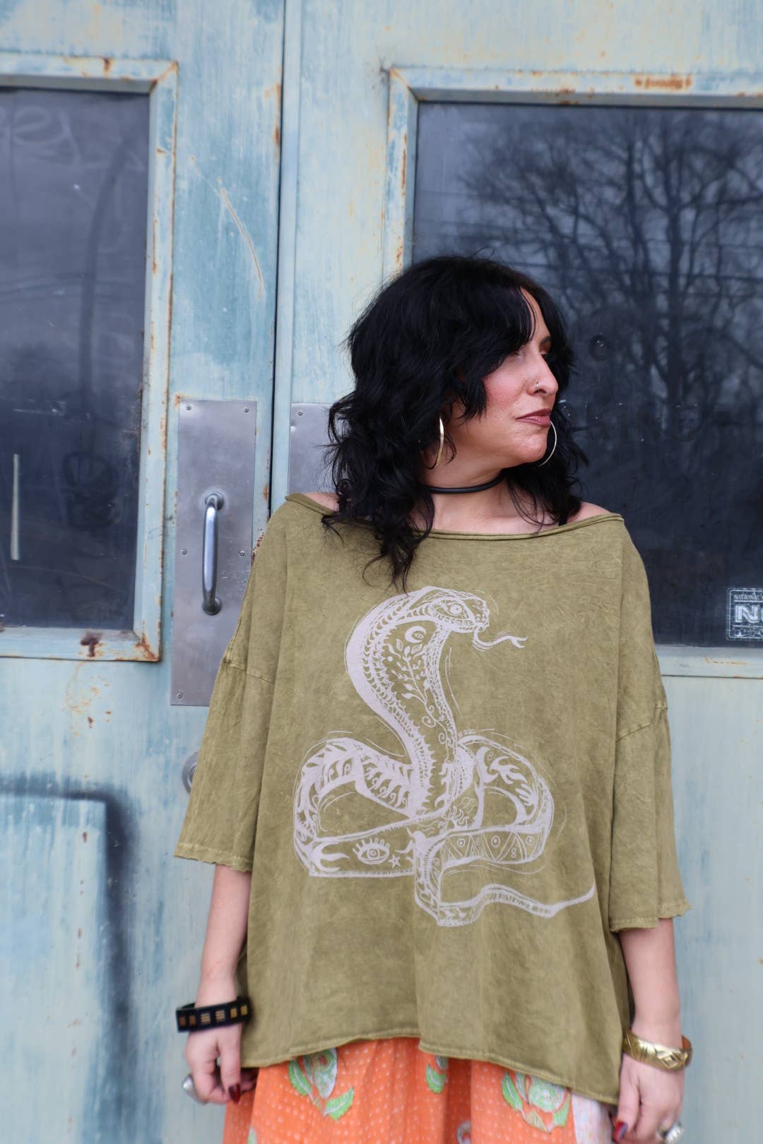 Kantha Bae Boxy Dream Tee - Olive - Snake Boho Graphic