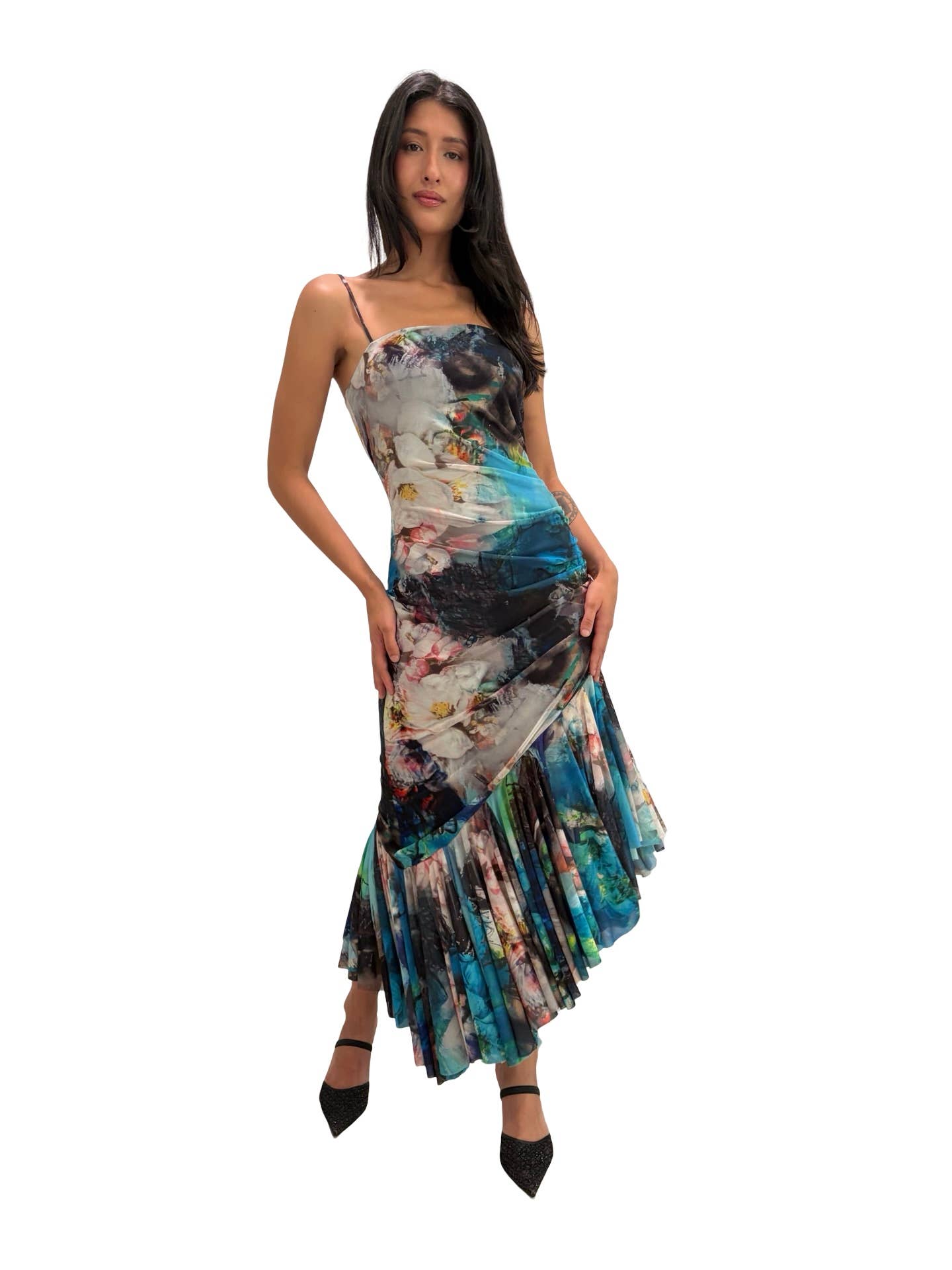 TIANNA Side Ruched Slanted Ruffled Hemline Long Dress : S