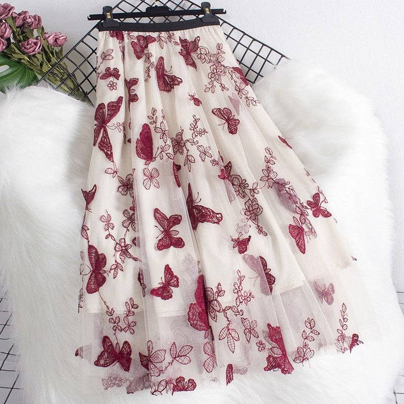 Solid Color Embroidered Mesh A-Line Skirt: BLACK-GRAY / One_size